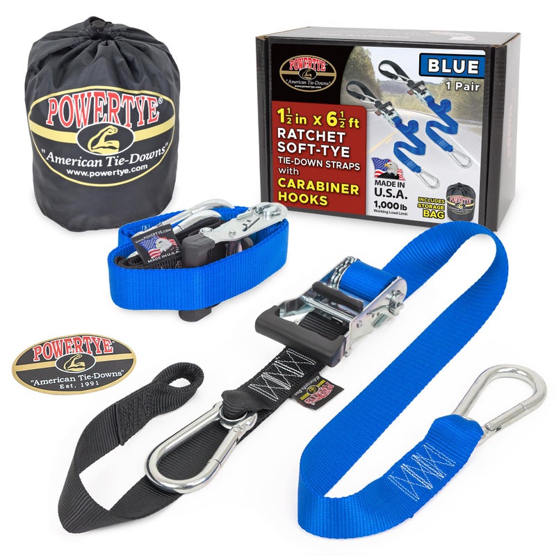 PowerTye 1.5in x 6.5ft Heavy Duty Ratchet Tie-Down Straps with Soft-Tye, Carabiner Hooks - 1,000 lb Working Load Limit / 3,000 lb Breaking Strength - Made in USA - Blue/Black Pair + Storage Bag - Image 1